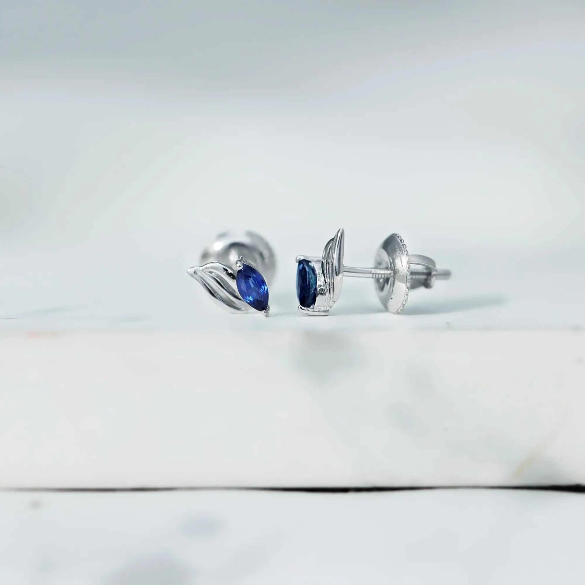 Genuine Marquise Cut Blue Sapphire Leaf Stud Earrings in Silver