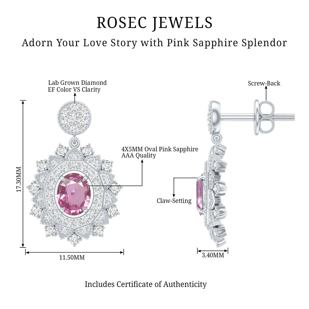 Genuine Pink Sapphire and Diamond Bridal Dangle Earrings