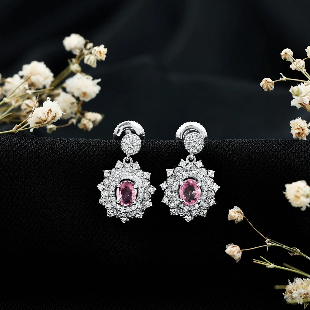 Genuine Pink Sapphire and Diamond Bridal Dangle Earrings