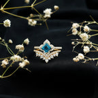Genuine Princess Cut Swiss Blue Topaz Floral Wedding Ring Set in Silver