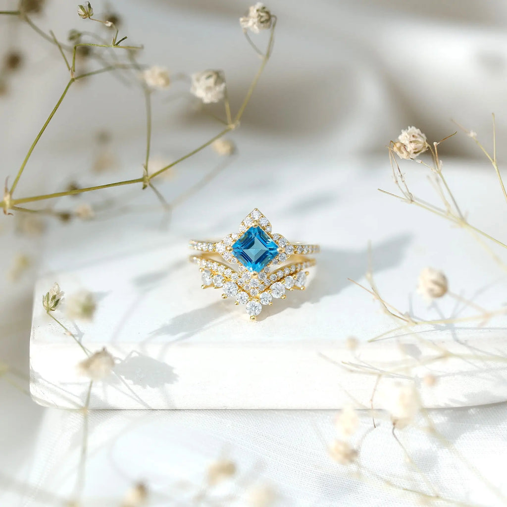 Genuine Princess Cut Swiss Blue Topaz Floral Wedding Ring Set in Silver