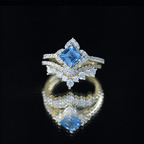 Genuine Princess Cut Swiss Blue Topaz Floral Wedding Ring Set in Silver