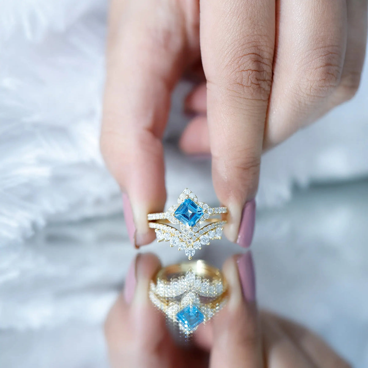 Genuine Princess Cut Swiss Blue Topaz Floral Wedding Ring Set in Silver
