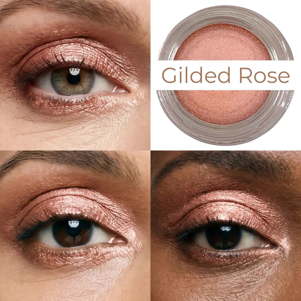 Gilded rose waterproof multi-tasking creme-to-powder product with metallic rose gold shimmer in a clear glass jar