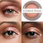 Gilded rose waterproof multi-tasking creme-to-powder product with metallic rose gold shimmer in a clear glass jar