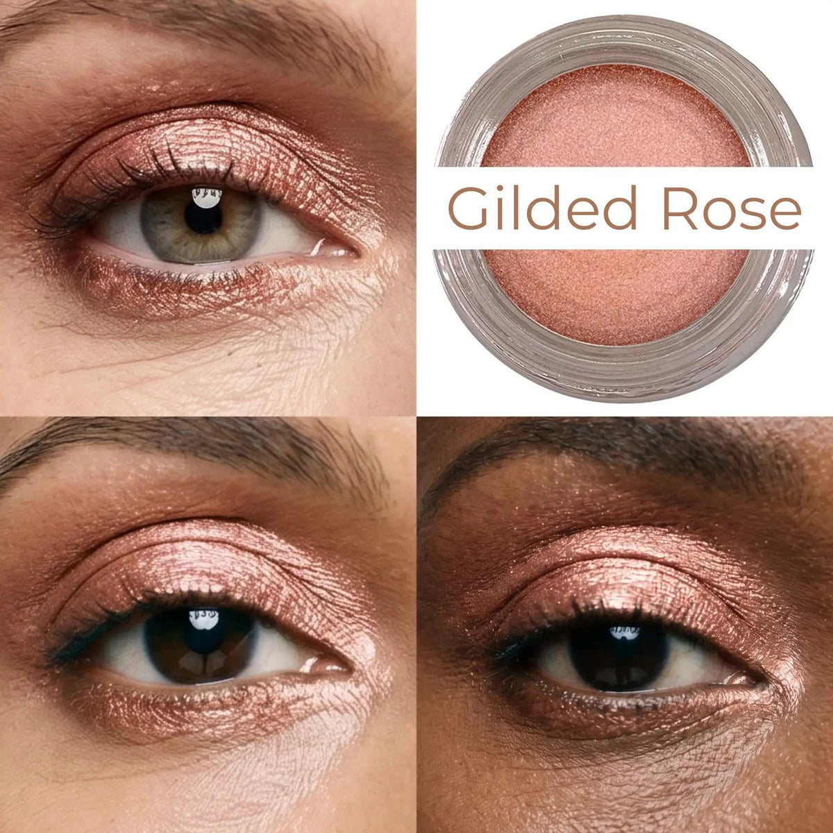 Gilded rose waterproof multi-tasking creme-to-powder product with metallic rose gold shimmer in a clear glass jar