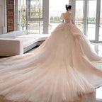 Glitter Satin Wedding Dress With High Neck EDL54