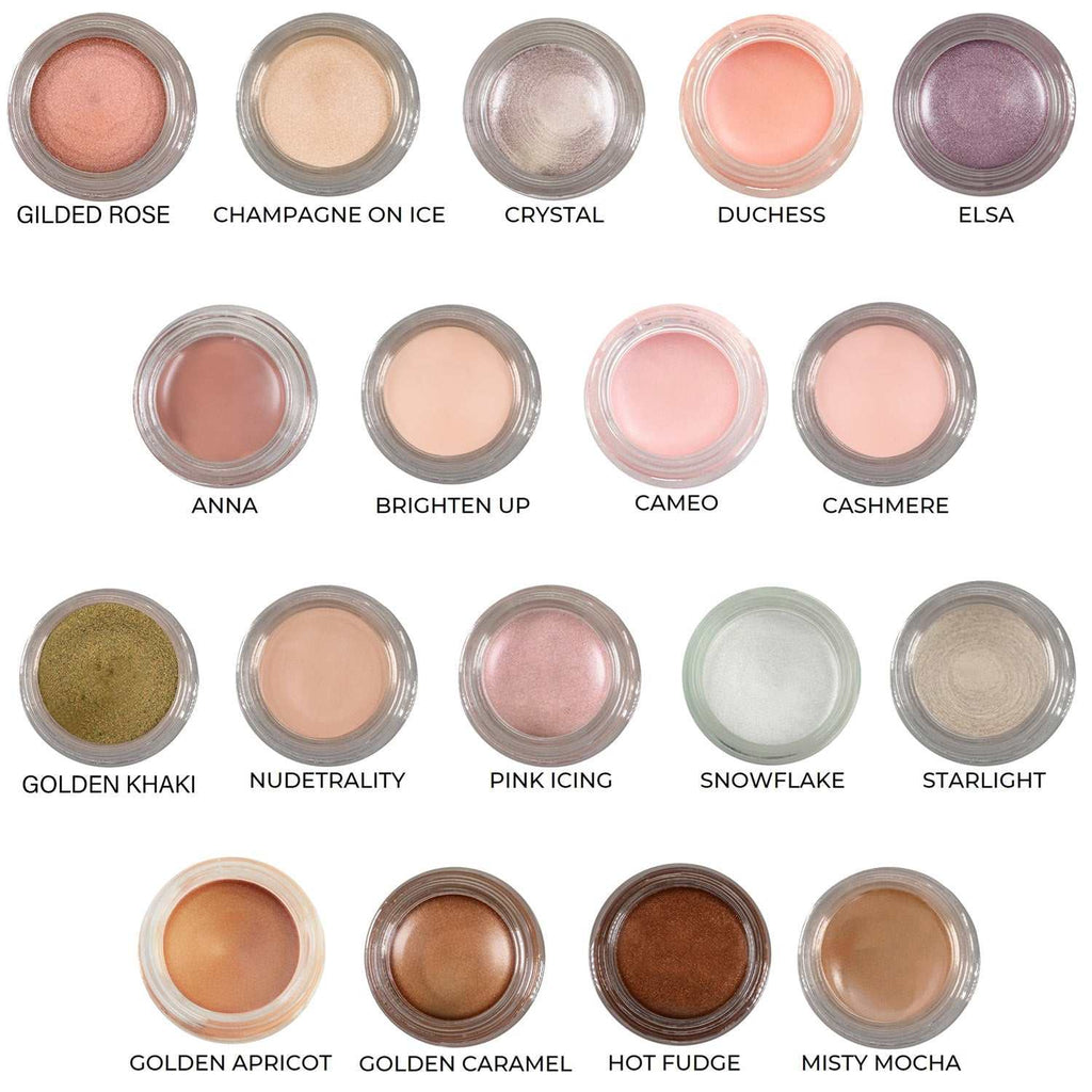 Golden Apricot multi-tasking creme to powder makeup in warm apricot shade for eyes, cheeks, and lips with waterproof finish