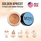 Golden Apricot waterproof multi-tasking creme to powder makeup in peachy golden shimmer with black and blue lid container