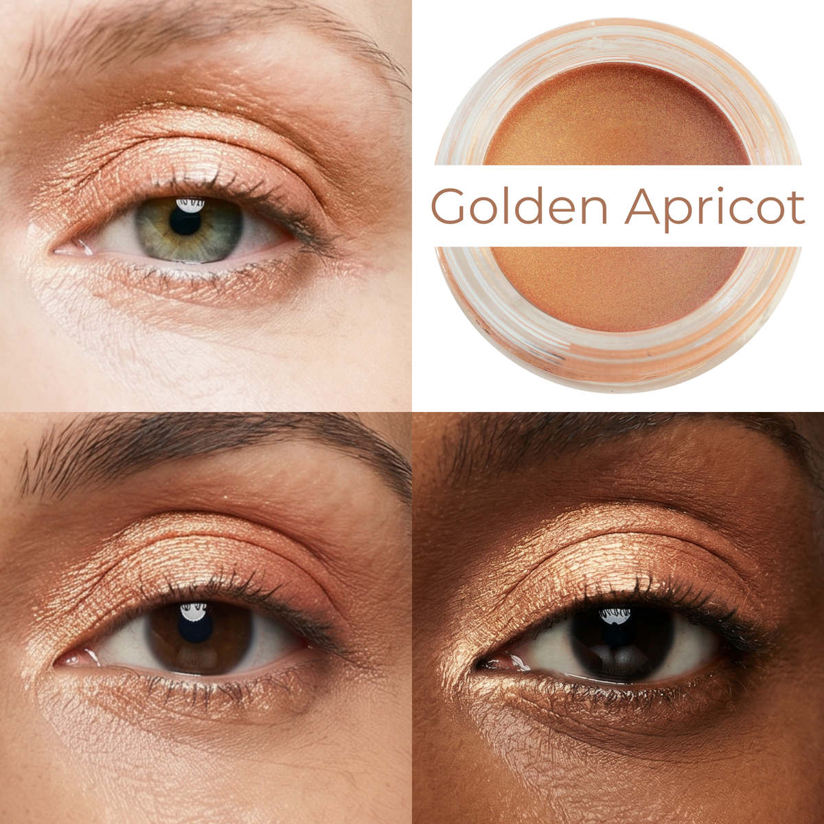 Golden Apricot waterproof multi-tasking creme-to-powder makeup in warm apricot shade on diverse eyes for versatile wear