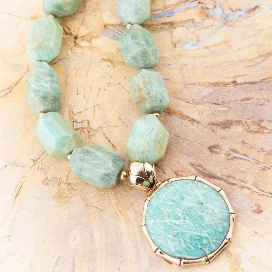 Green Amazonite Golden Lotus Pendant Necklace - Maven Couture IncNecklaces