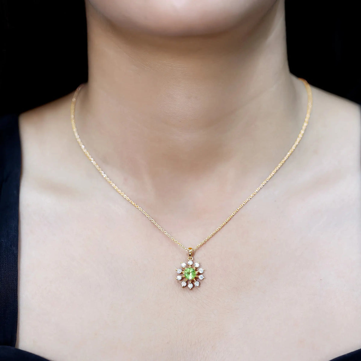 Green Peridot and Diamond Flower Pendant Necklace