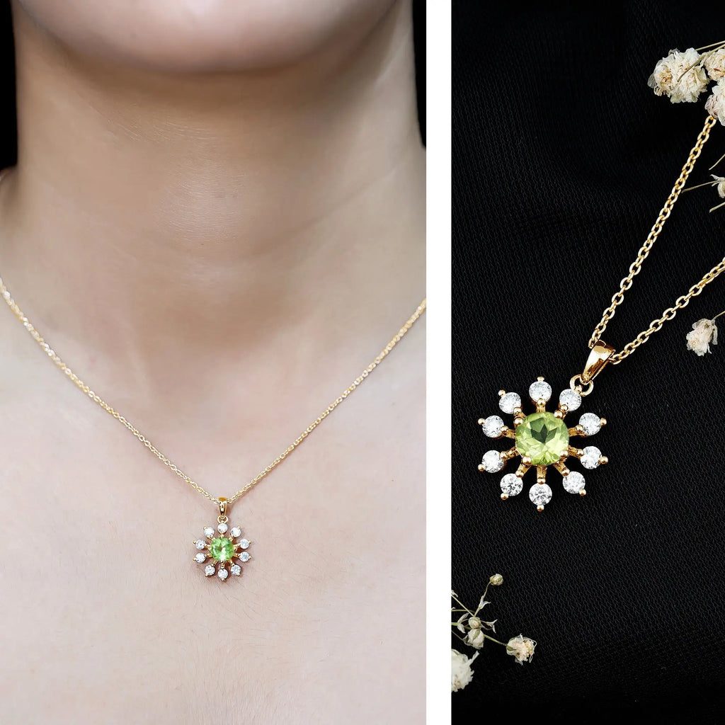 Green Peridot and Diamond Flower Pendant Necklace