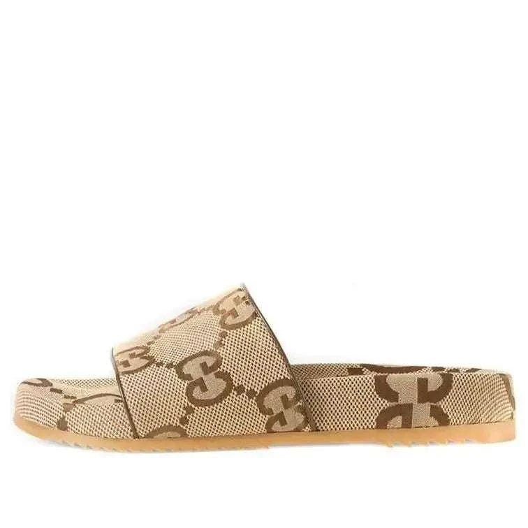 Gucci GG Canvas Camel Monogram Slide Sandals with Platform Sole - Chic Italian Casual Footwear - Maven Couture Inc