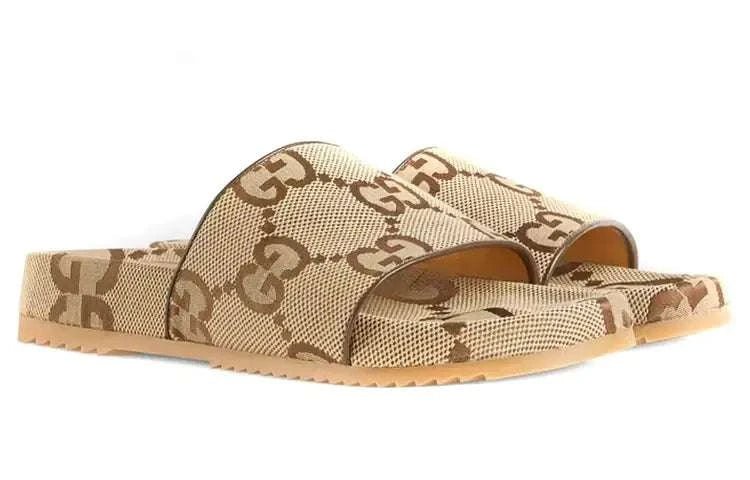 Gucci GG Canvas Camel Monogram Slide Sandals with Platform Sole - Chic Italian Casual Footwear