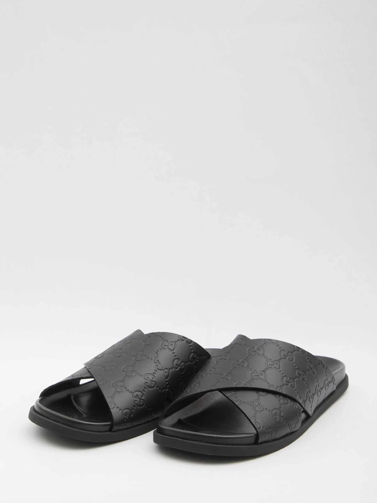 GUCCI Men's Leather Slide Sandals with Braided Strap and Embossed Logo - Comfortable Rubber Sole
