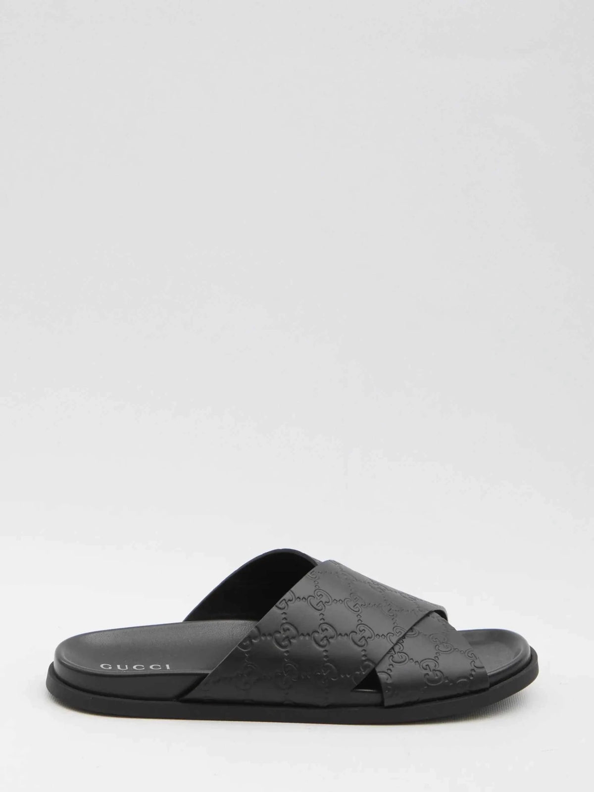 GUCCI Men's Leather Slide Sandals with Braided Strap and Embossed Logo - Comfortable Rubber Sole