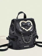 Mini black PU leather backpack bag with Heart Decor Chain detail, lace-trimmed heart applique, bow accents, and silver chain