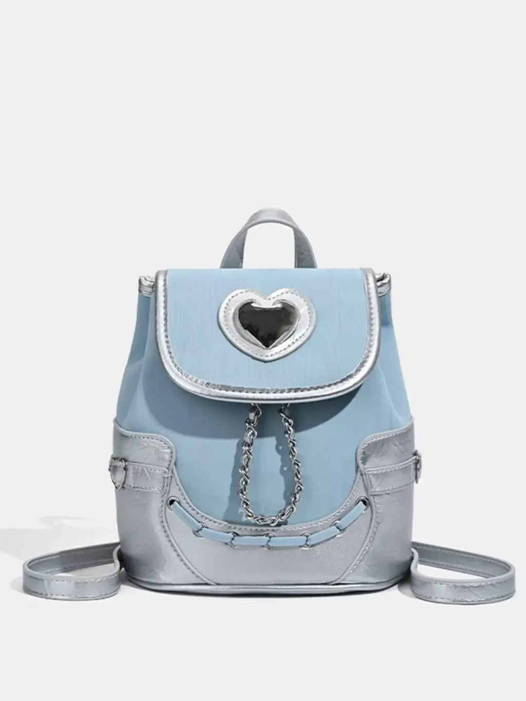 Mini Heart Flap Backpack in blue and silver PU leather with a heart-shaped cutout flap and chain detailing.