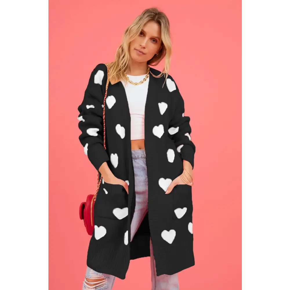 Heart graphic open front cardigan redefining luxury fashion for women $37.99 pocketed - experience the convenience