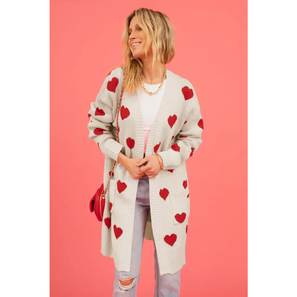 Heart graphic open front cardigan redefining luxury fashion for women $37.99 pocketed - experience the convenience