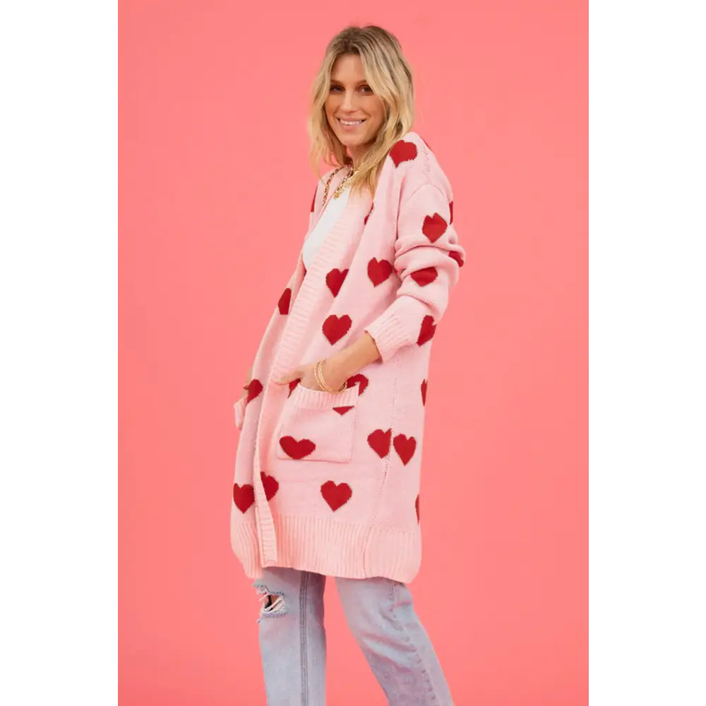 Heart graphic open front cardigan redefining luxury fashion for women $37.99 pocketed - experience the convenience