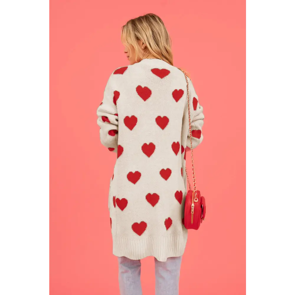 Heart graphic open front cardigan redefining luxury fashion for women $37.99 pocketed - experience the convenience