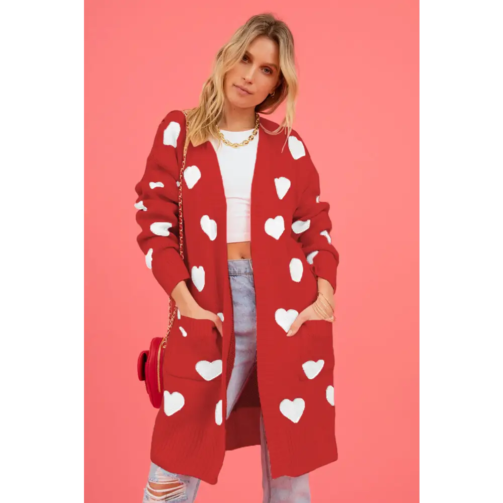 Heart graphic open front cardigan redefining luxury fashion for women $37.99 pocketed - experience the convenience