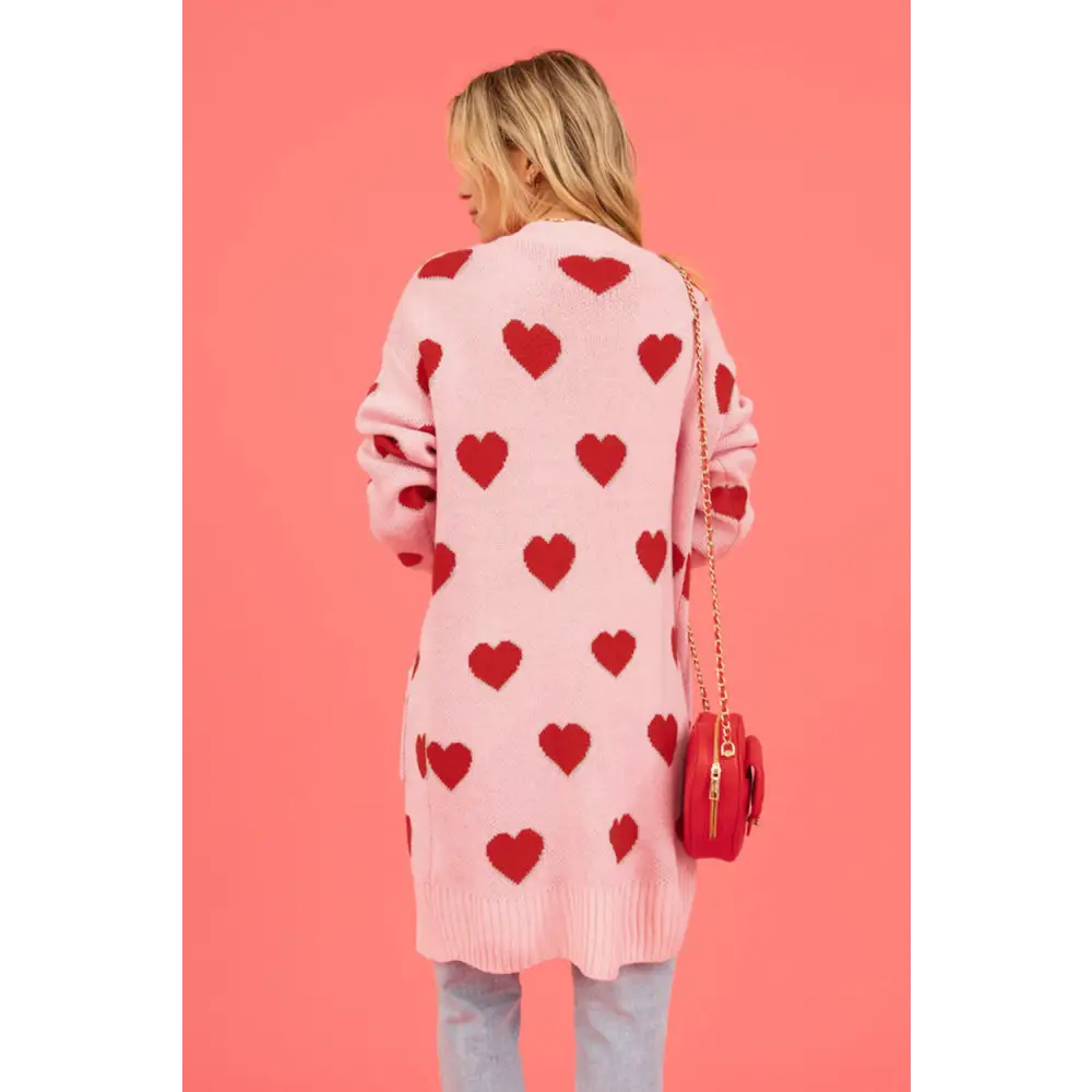 Heart graphic open front cardigan redefining luxury fashion for women $37.99 pocketed - experience the convenience