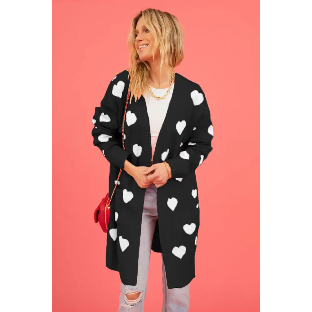 Heart graphic open front cardigan redefining luxury fashion for women $37.99 pocketed - experience the convenience