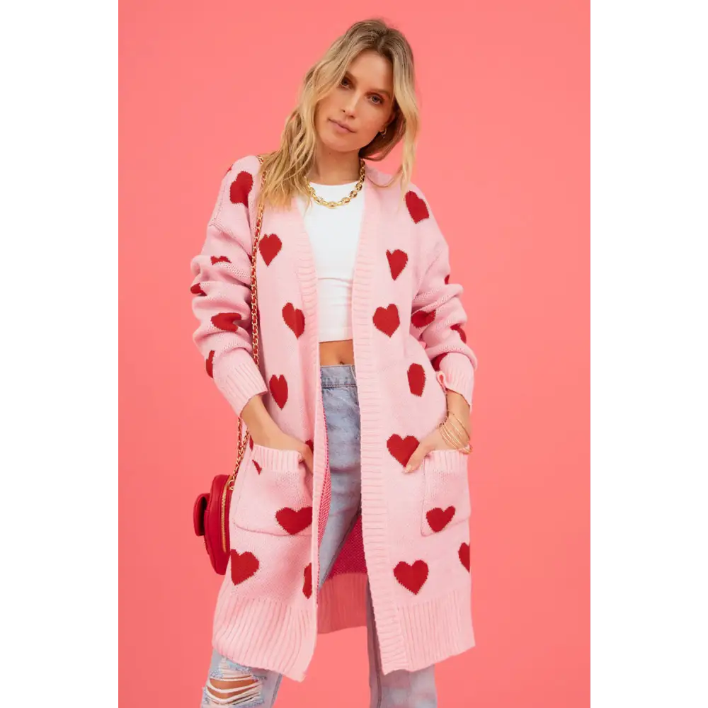 Heart graphic open front cardigan redefining luxury fashion for women $37.99 pocketed - experience the convenience