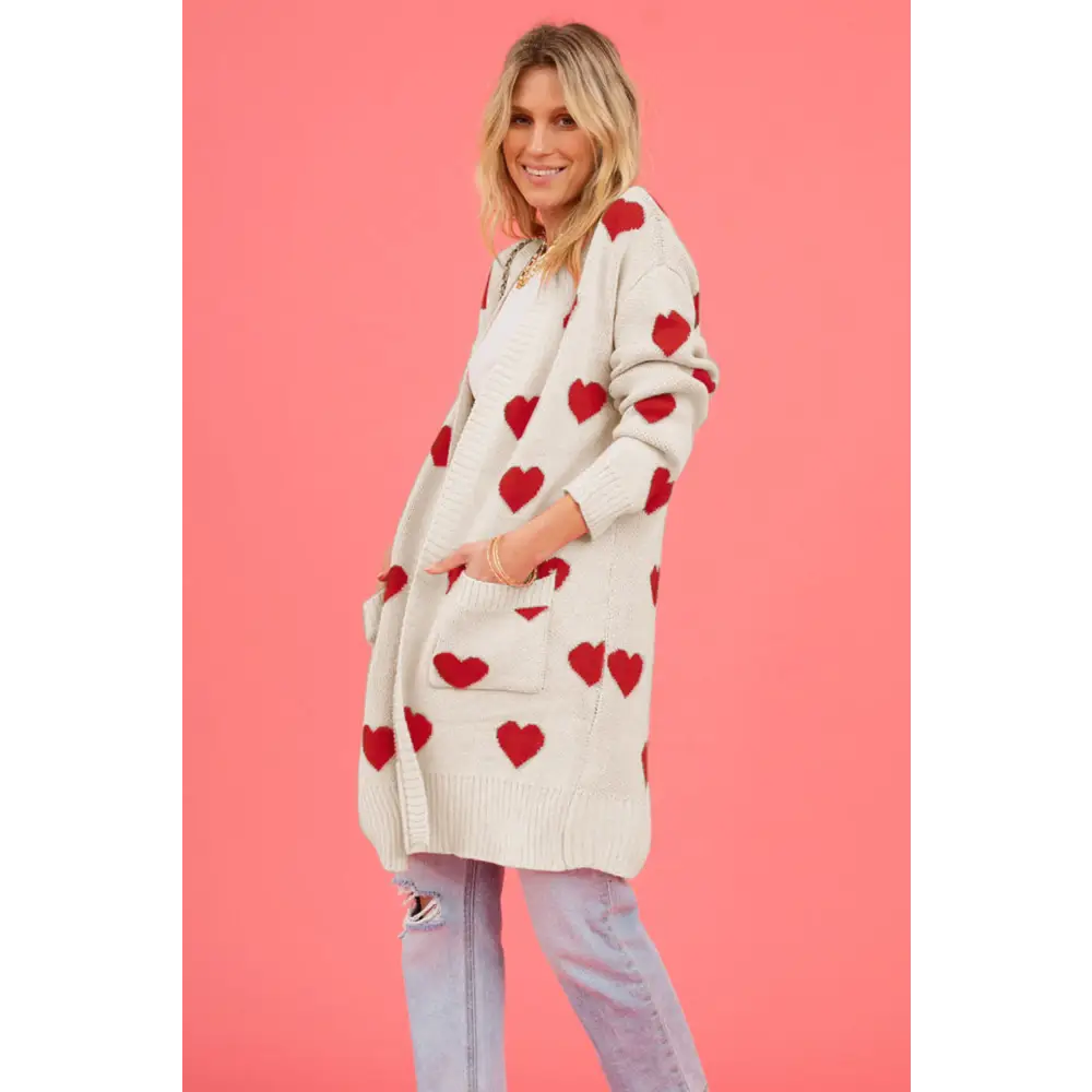 Heart graphic open front cardigan redefining luxury fashion for women $37.99 pocketed - experience the convenience