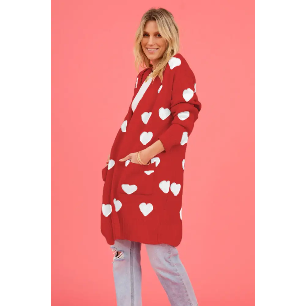 Heart graphic open front cardigan redefining luxury fashion for women $37.99 pocketed - experience the convenience