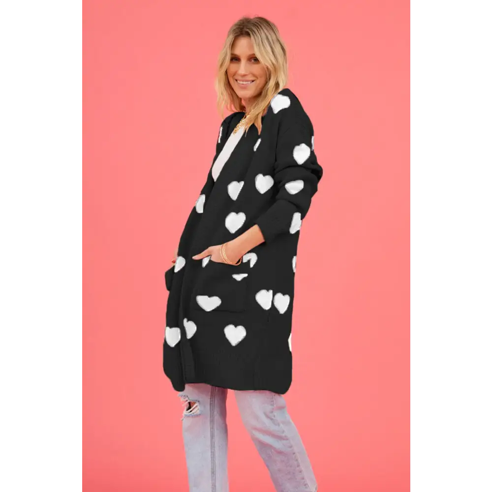 Heart graphic open front cardigan redefining luxury fashion for women $37.99 pocketed - experience the convenience