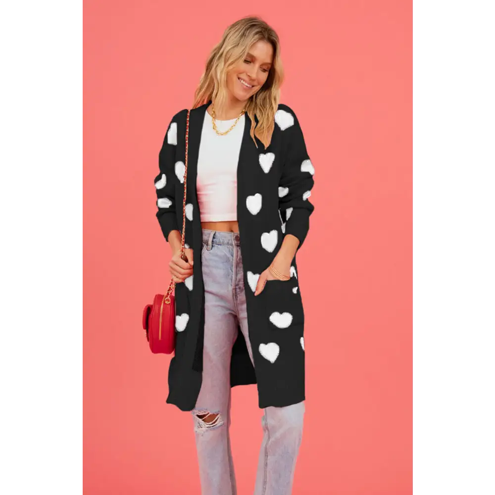 Heart graphic open front cardigan redefining luxury fashion for women $37.99 pocketed - experience the convenience