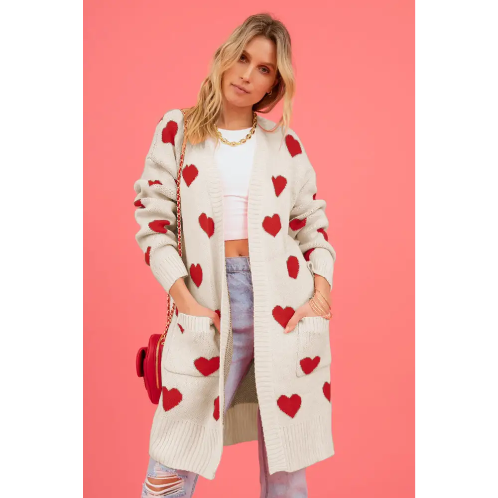 Heart graphic open front cardigan redefining luxury fashion for women $37.99 pocketed - experience the convenience