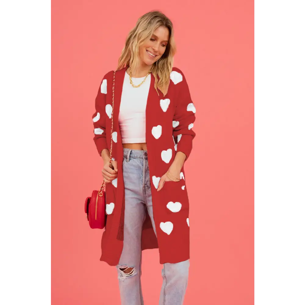 Heart graphic open front cardigan redefining luxury fashion for women $37.99 pocketed - experience the convenience