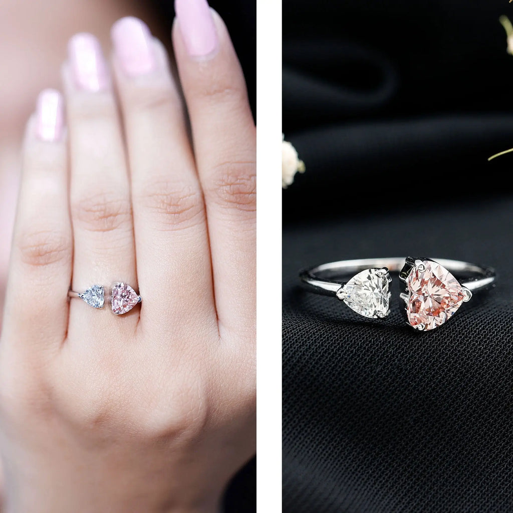 Heart Shape Lab Grown Pink White Diamond Toi Et Moi Promise Ring with IGI Certificate