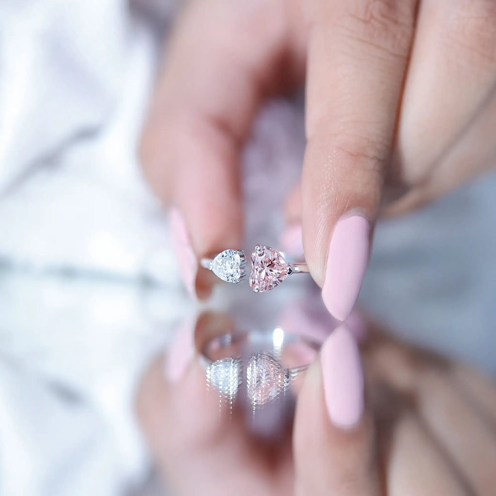 Heart Shape Lab Grown Pink White Diamond Toi Et Moi Promise Ring with IGI Certificate