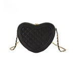 heart shaped crossbody bag in black textured quilted PU leather with gold chain strap and zipper closure