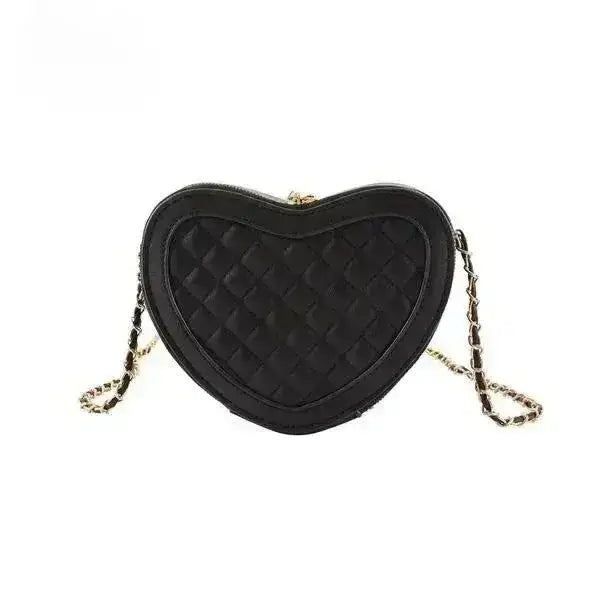 heart shaped crossbody bag in black textured quilted PU leather with gold chain strap and zipper closure