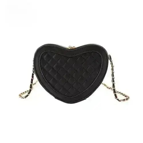 Heart shaped crossbody bag in black quilted PU leather with gold tone chain strap and zipper closure