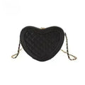 Heart shaped crossbody bag in black quilted PU leather with gold tone chain strap and zipper closure