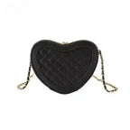 Heart shaped crossbody bag in black quilted PU leather with gold tone chain strap and zipper closure