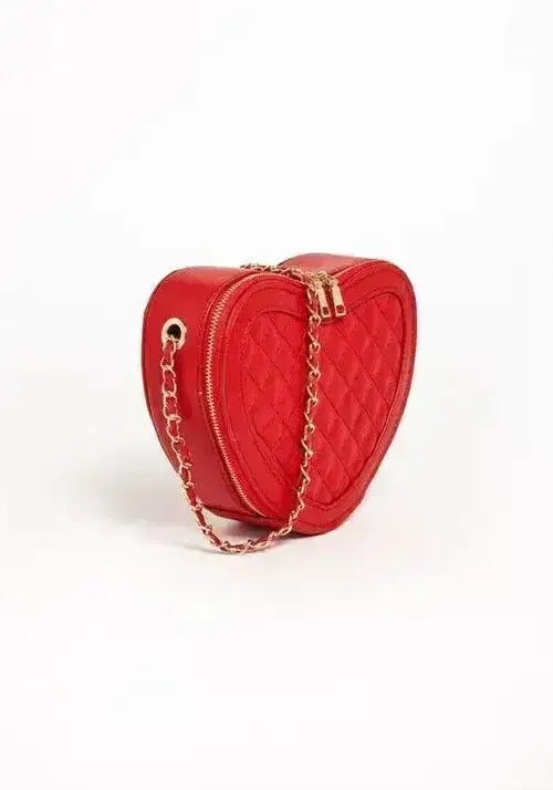 Heart shaped crossbody bag in red PU leather with textured quilted pattern and gold tone chain strap