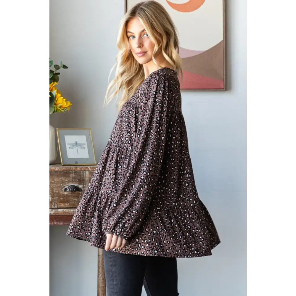 Leopard long sleeve blouse in timeless luxury fashion for women $45 the leopard long sleeve tiered blouse is not merely