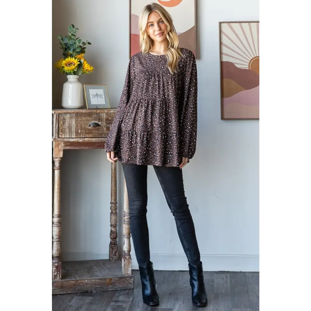 Leopard long sleeve blouse in timeless luxury fashion for women $45 the leopard long sleeve tiered blouse is not merely