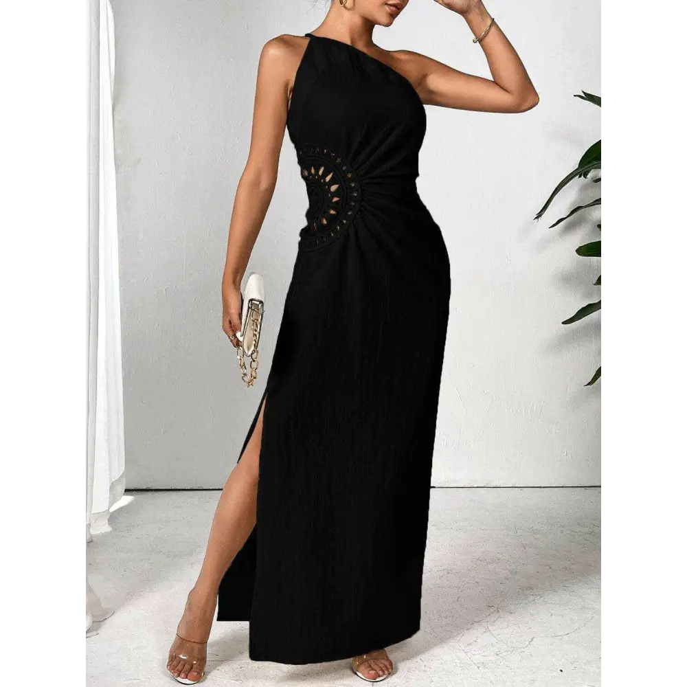 Elegant shoulder sleeveless maxi dress in timeless luxury fashion for woman $42.99 stunning slit detail