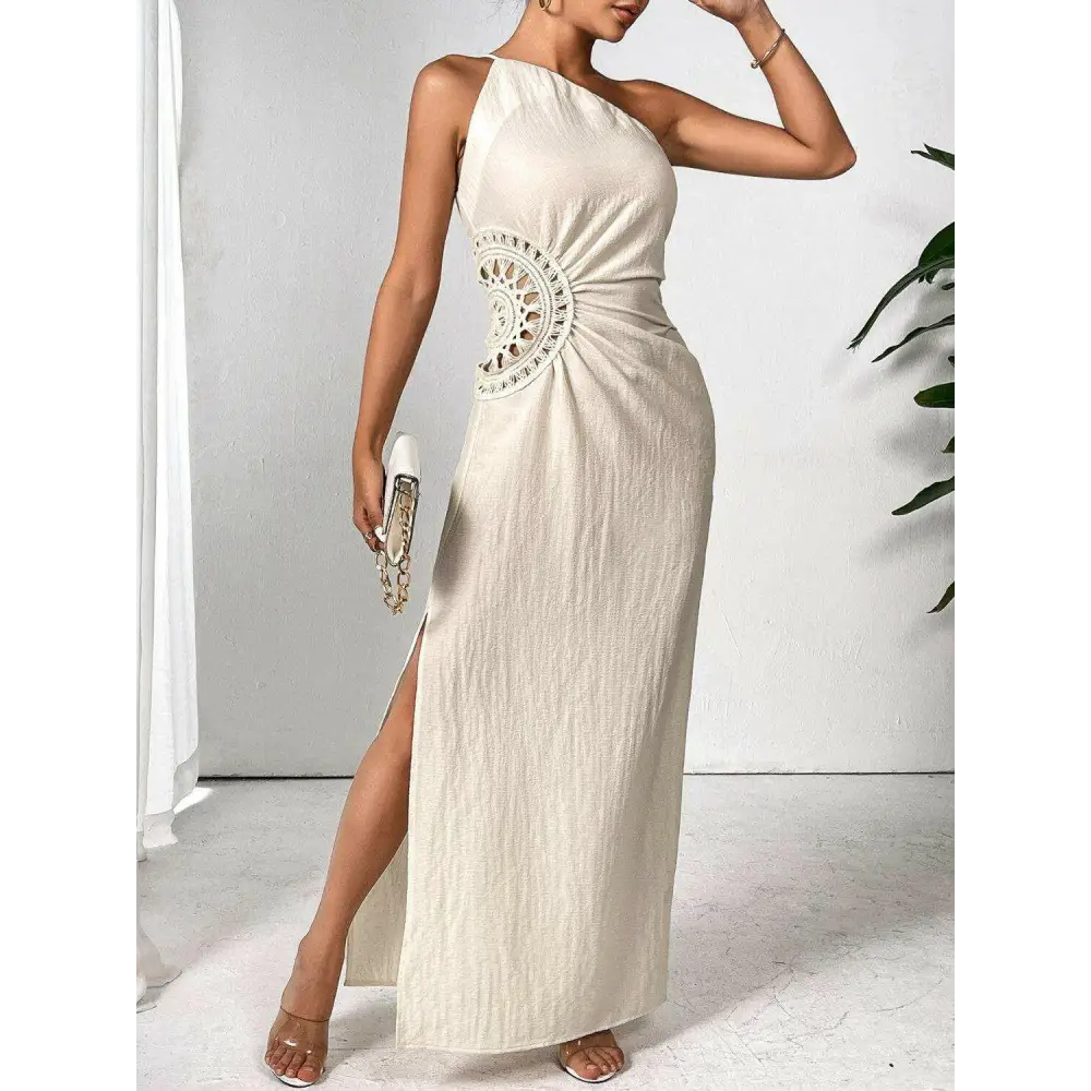 Elegant shoulder sleeveless maxi dress in timeless luxury fashion for woman $42.99 stunning slit detail