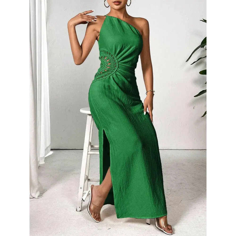 Elegant shoulder sleeveless maxi dress in timeless luxury fashion for woman $42.99 stunning slit detail